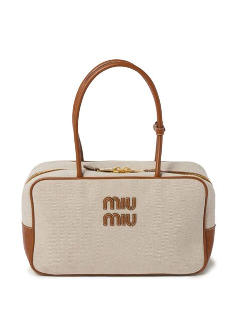 miu miu leather-trim canvas tote bag|canvas tote bag.